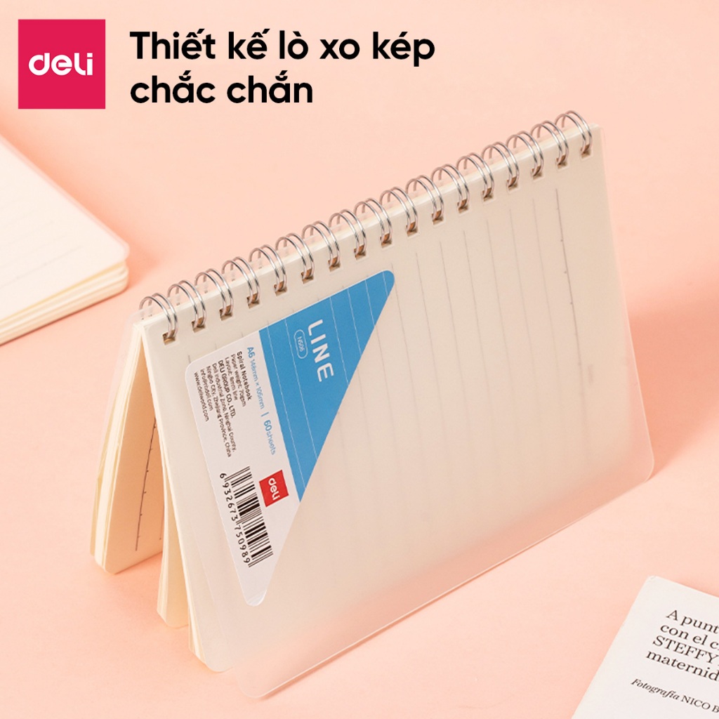 Sổ lò xo A6 60 tờ Deli- Sổ bìa nhựa PP chống nước 120 trang giấy dày 70GSM- Thiết kế nhỏ gọn sổ tay