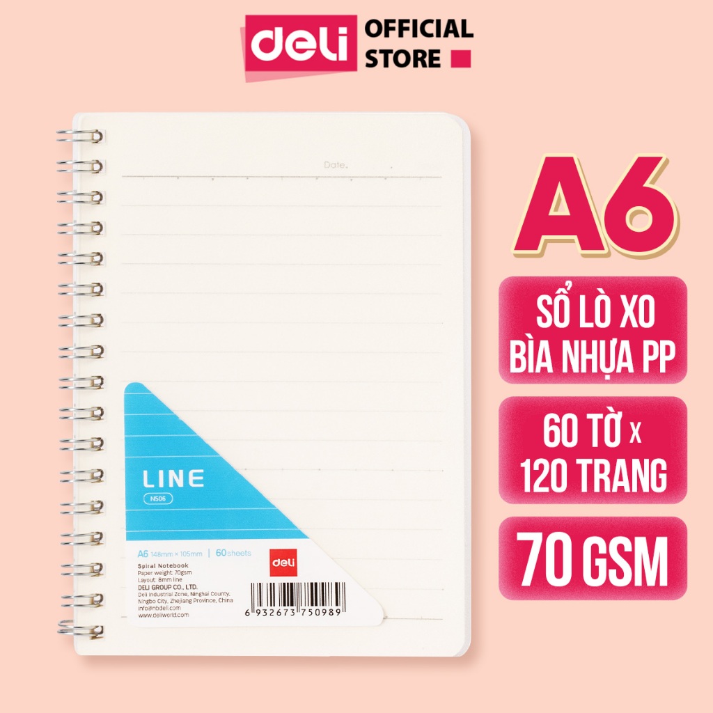 Sổ lò xo A6 60 tờ Deli- Sổ bìa nhựa PP chống nước 120 trang giấy dày 70GSM- Thiết kế nhỏ gọn sổ tay