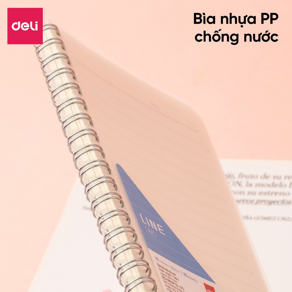 Sổ lò xo A6 60 tờ Deli- Sổ bìa nhựa PP chống nước 120 trang giấy dày 70GSM- Thiết kế nhỏ gọn sổ tay