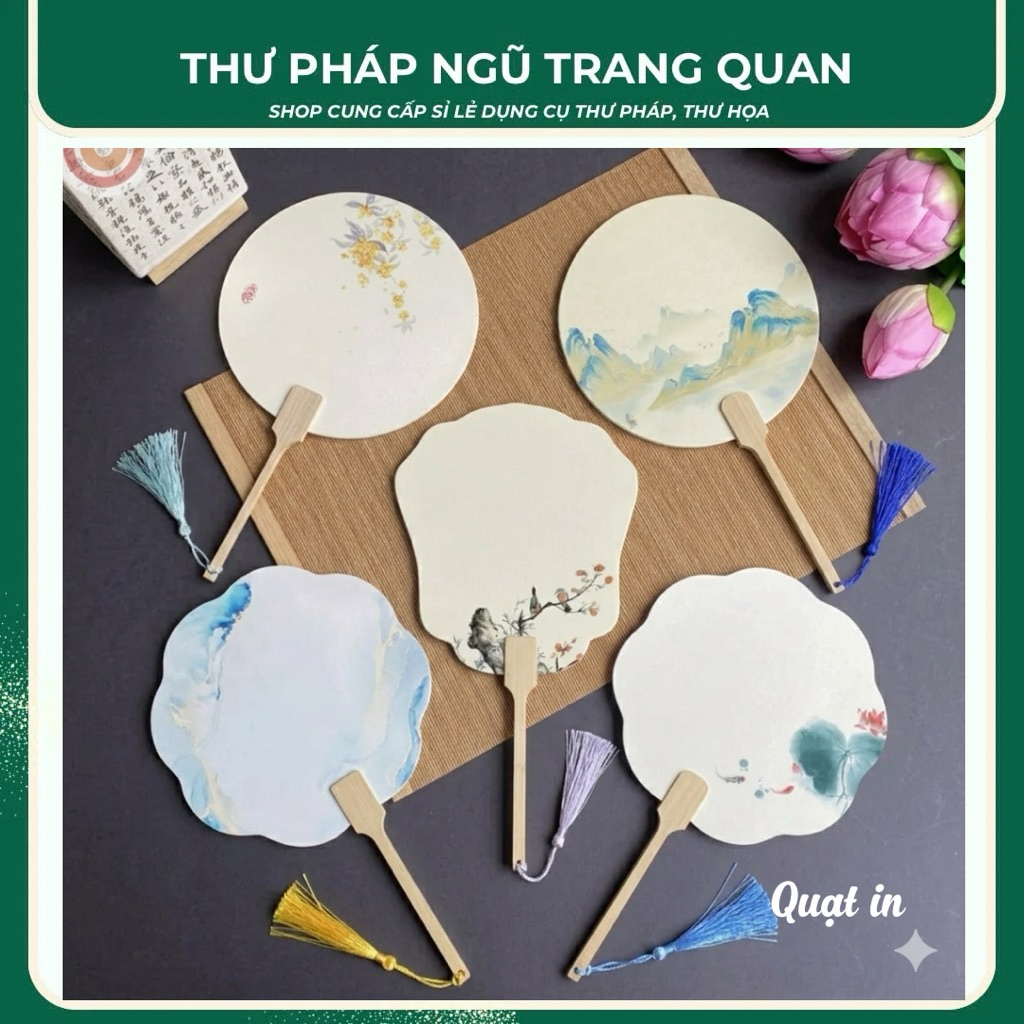 Quạt in cổ phong nhiều họa tiết tinh xảo dùng để viết thư pháp, vẽ tranh thủy mặc và trang trí không gian nghệ thuật.