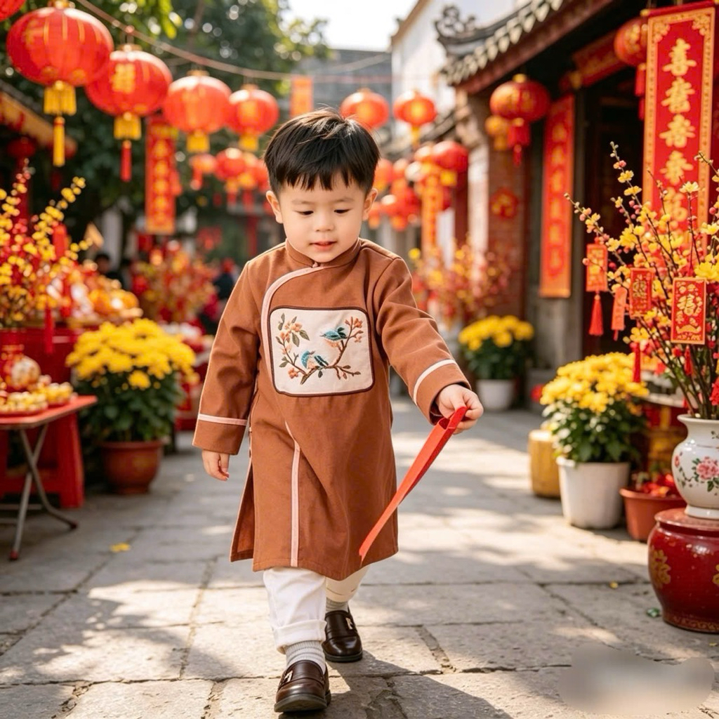 Áo Dài Nhung Tăm Bé Trai Thêu Tay Cao Cấp C6050 (1–10 tuổi, 8–31kg) – Áo Dài Tết Truyền Thống Cho Bé Trai