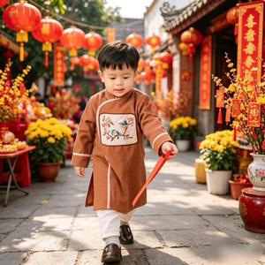 Áo Dài Nhung Tăm Bé Trai Thêu Tay Cao Cấp C6050 (1–10 tuổi, 8–31kg) – Áo Dài Tết Truyền Thống Cho Bé Trai