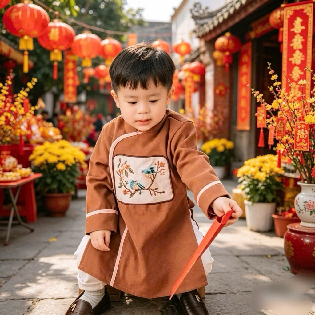 Áo Dài Nhung Tăm Bé Trai Thêu Tay Cao Cấp C6050 (1–10 tuổi, 8–31kg) – Áo Dài Tết Truyền Thống Cho Bé Trai