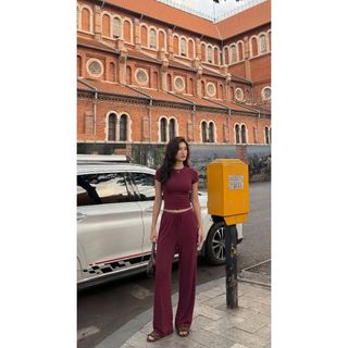 THEKIM Set Áo thun trơn cổ tròn và quần suông dài phối dây rút chất liệu rib cotton mềm CS400