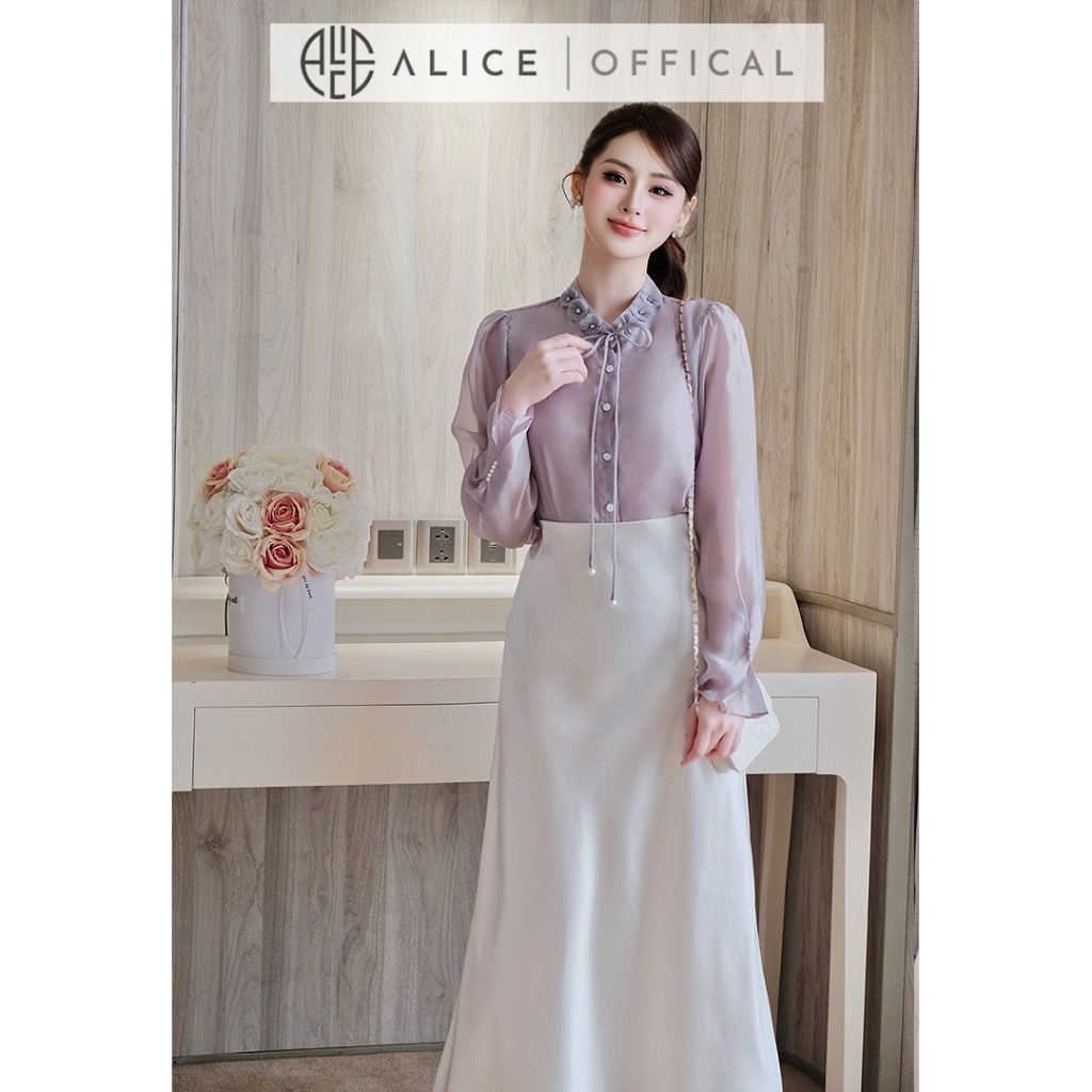 Set Váy Công Sở Thanh Lịch Alice, Áo Tơ Ngọc Trai Cổ Đính Hoa Phối Chân Váy Lụa Dáng Dài Cao Cấp S1086