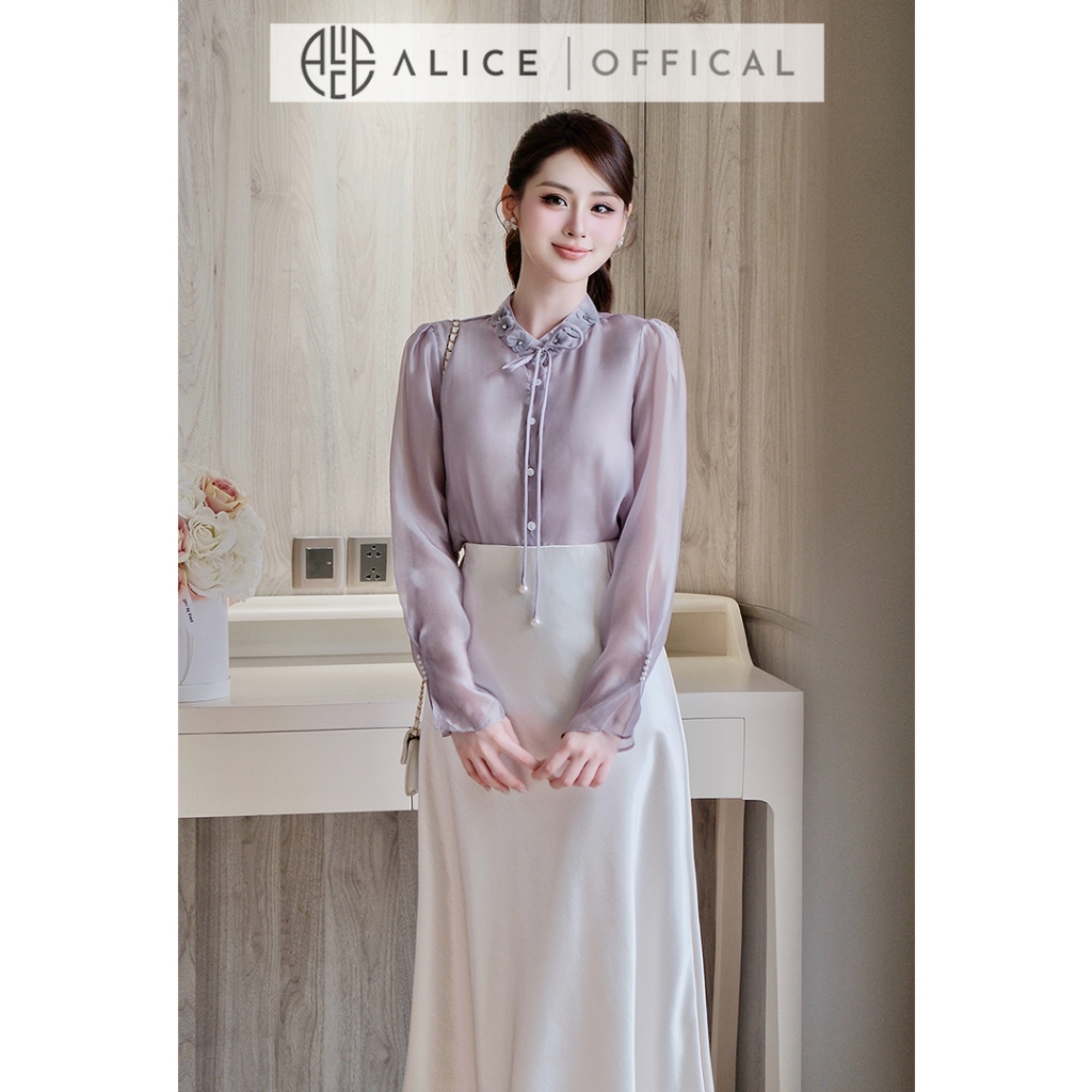 Set Váy Công Sở Thanh Lịch Alice, Áo Tơ Ngọc Trai Cổ Đính Hoa Phối Chân Váy Lụa Dáng Dài Cao Cấp S1086