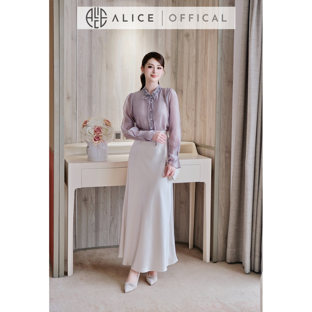 Set Váy Công Sở Thanh Lịch Alice, Áo Tơ Ngọc Trai Cổ Đính Hoa Phối Chân Váy Lụa Dáng Dài Cao Cấp S1086