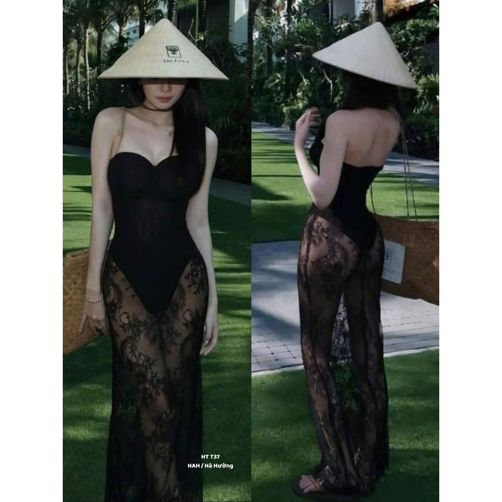 Set bikini maxi đi biển nữ cúp ngực phối ren quyến rũ sang chảnh váy lưới đi biển nữ thời trang hè