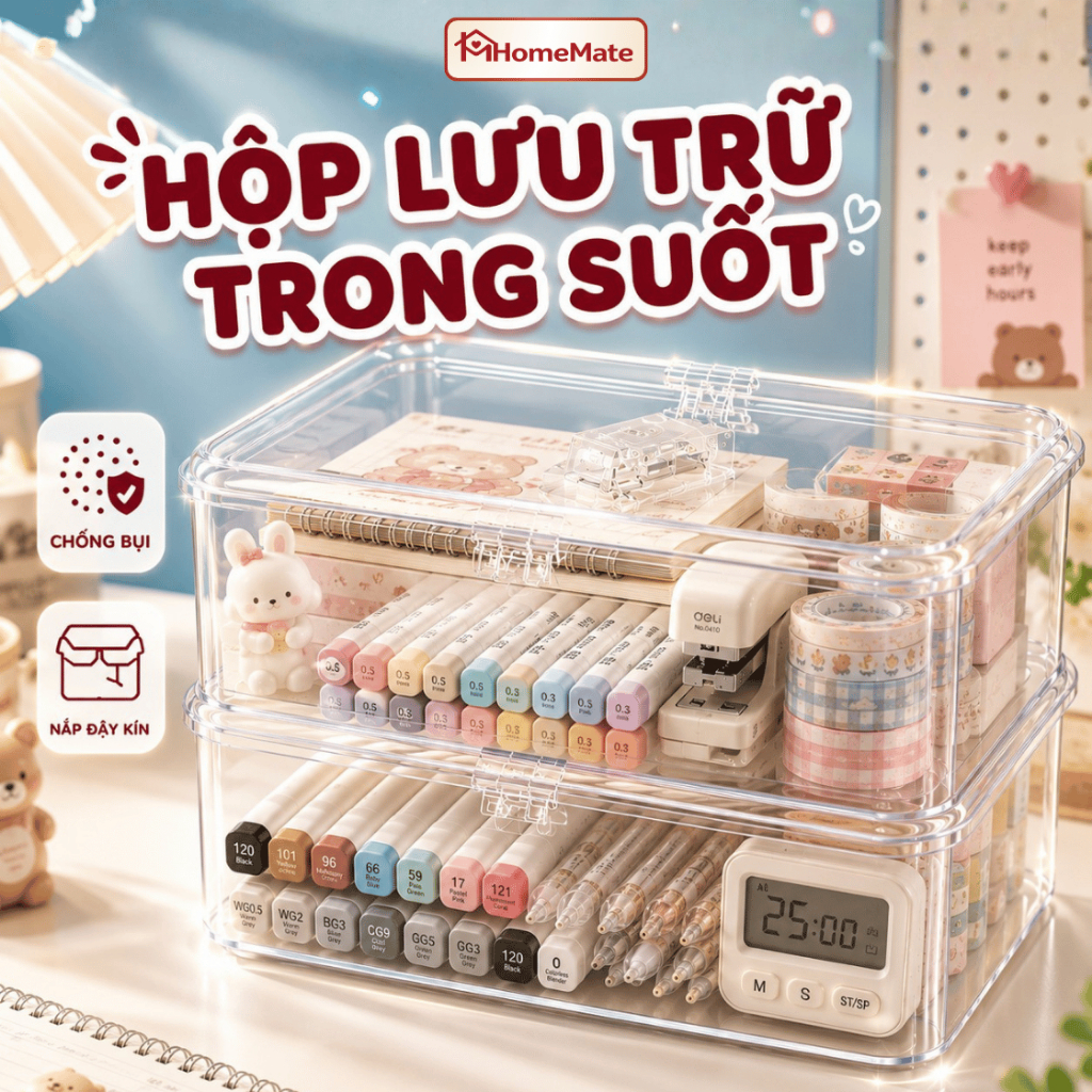 Hộp Lưu Trữ Để Bàn Trong Suốt HomeMate Có Nắp Đậy Chống Bụi, Hộp Đựng Đồ Acrylic Tiện Lợi Cho Văn Phòng & Phòng Ngủ