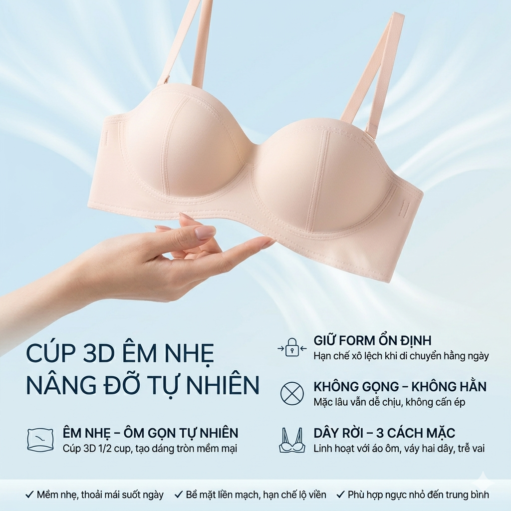 Bộ 3 TIẾT KIỆM Áo Ngực Không Gọng SANTONY-Nâng Ngực Tàng Hình 3in1 -  Cúp 3D - Công Nghệ Đúc Su Liền Khối - Mềm Nhẹ Tho
