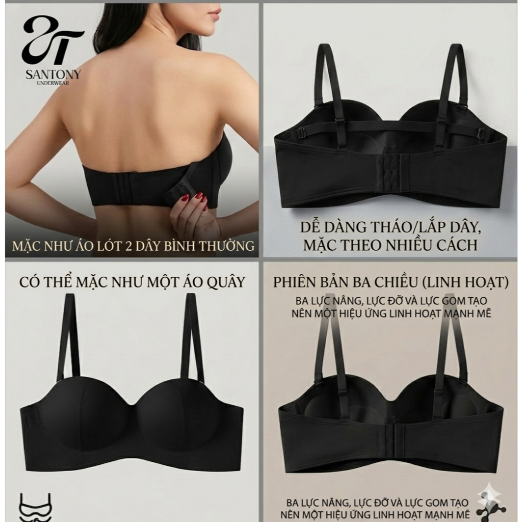 Bộ 3 TIẾT KIỆM Áo Ngực Không Gọng SANTONY-Nâng Ngực Tàng Hình 3in1 -  Cúp 3D - Công Nghệ Đúc Su Liền Khối - Mềm Nhẹ Tho