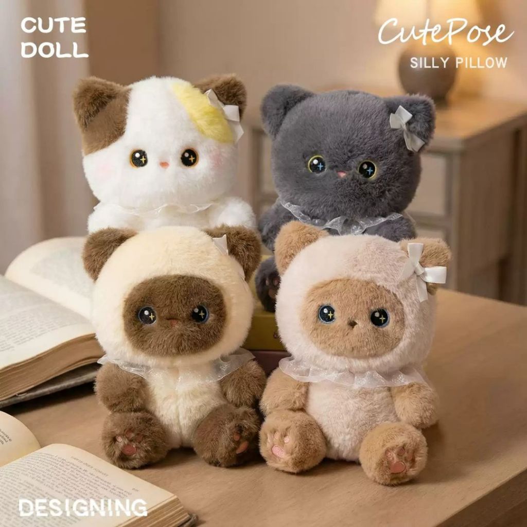 Gấu Bông Mèo Mắt Sao Đeo Yếm Ren Đáng Yêu, Mèo Bông Lông Tơ Mềm Mại Làm Quà Tặng Cho Bé, Bạn Gái, Babisu