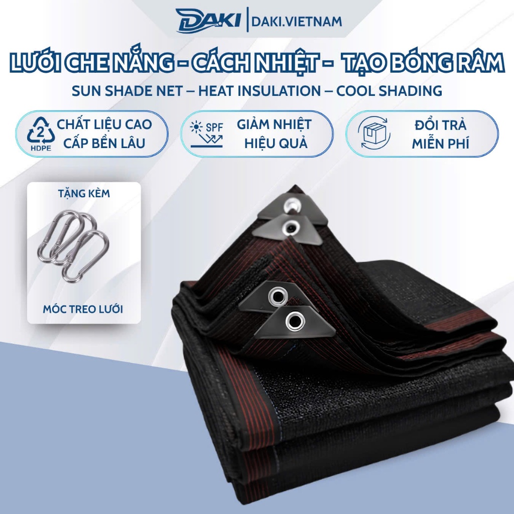 Lưới Che Nắng Ngoài Trời Chống UV Hiệu Quả Lưới Đen DAKI Viền Dày Khuy Kim Loại Chắc Chắn Dùng Cho Ban Công Sân Vườn