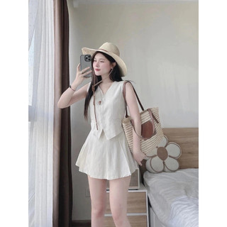 Set váy nữ áo gile croptop sát nách phối chân váy ngắn xếp ly chất vải linen mềm mịn phong cách trẻ trung mặc tôn dáng