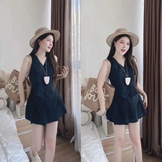Set váy nữ áo gile croptop sát nách phối chân váy ngắn xếp ly chất vải linen mềm mịn phong cách trẻ trung mặc tôn dáng