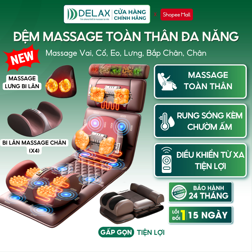 Đệm Massage Toàn Thân DELAX DT11 – 32 Đầu Massage 3D, 6 Vùng, Chườm Ấm