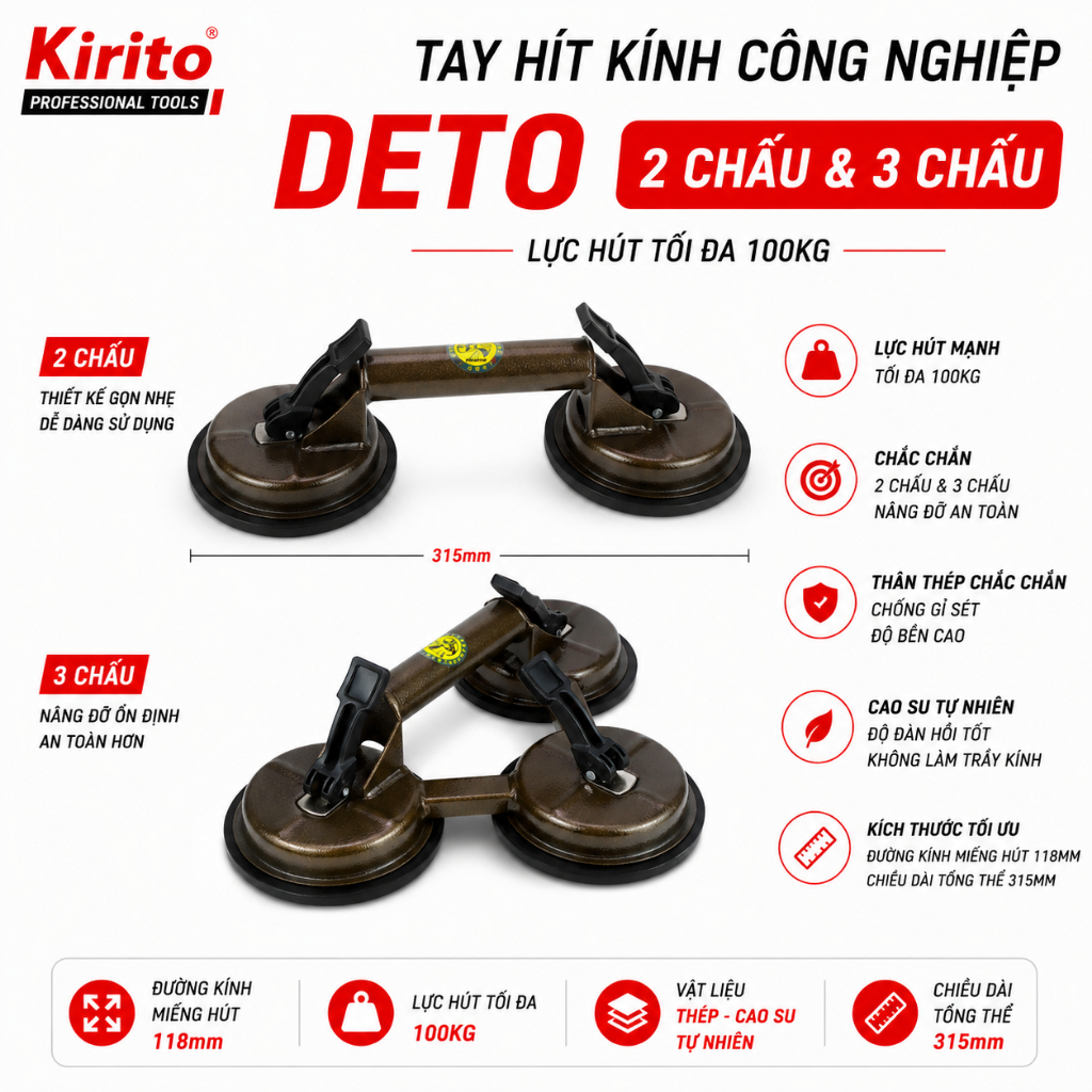 Tay Hít Kính Công Nghiệp Kapusi / DETO 1 Chấu 2 Chấu 3 Chấu - Tay Hút Kính Cao Cấp