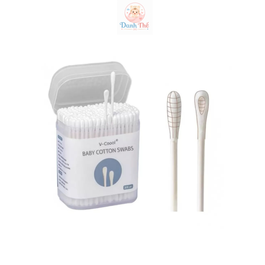 Tăm bông V-Coool hộp 200 que dùng cho bé từ sơ sinh tiện lợi an toàn,chất liệu dày dặn, thân thiện môi trường, tiện lợi