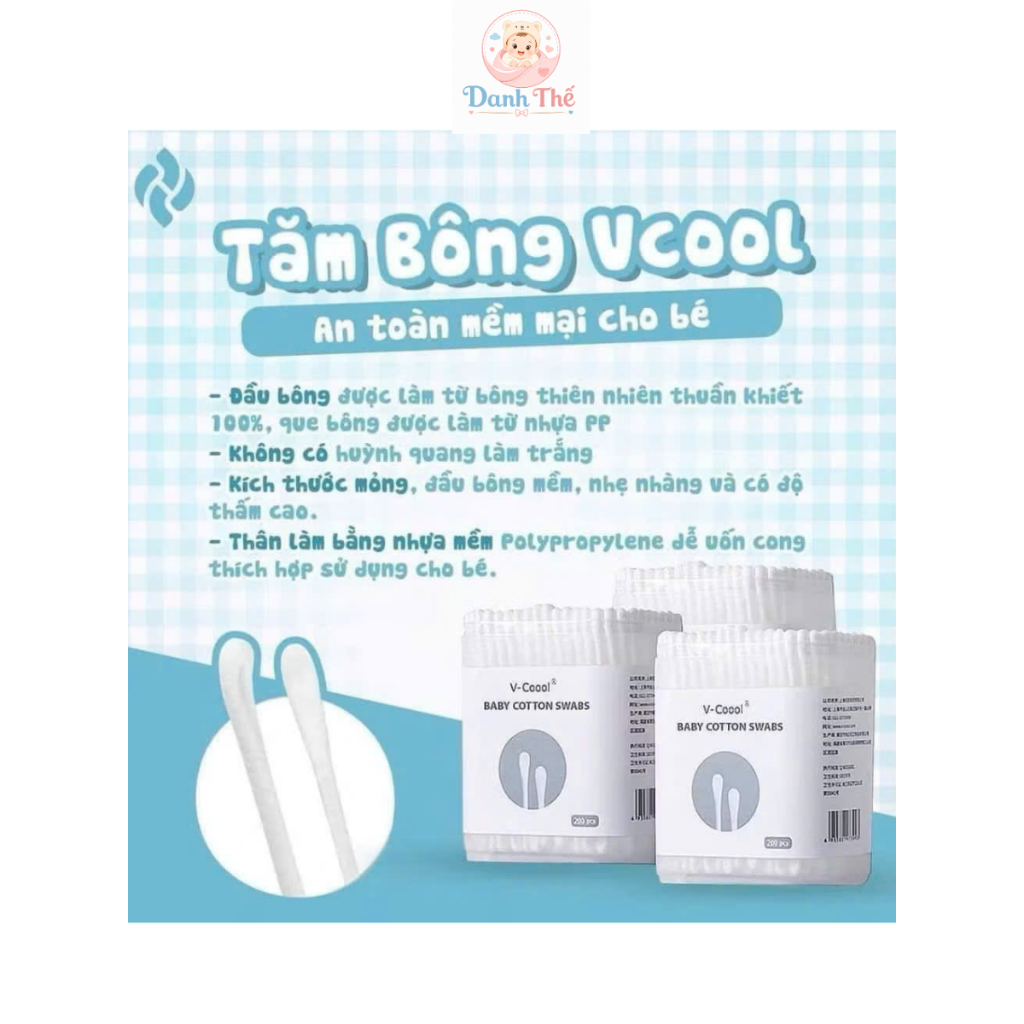 Tăm bông V-Coool hộp 200 que dùng cho bé từ sơ sinh tiện lợi an toàn,chất liệu dày dặn, thân thiện môi trường, tiện lợi