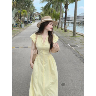 Váy maxi nữ tone màu vàng pastel thiết kế cổ V tay bèo, đầm dáng dài chiết eo mặc tôn dáng style tiểu thư mặc đi chơi