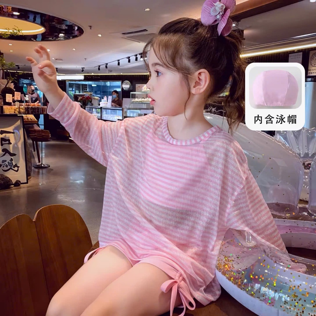 Đồ bơi bé gái 3 món dài tay chống nắng phong cách Hàn Quốc form rộng dễ thương cho bé đi biển hồ bơi