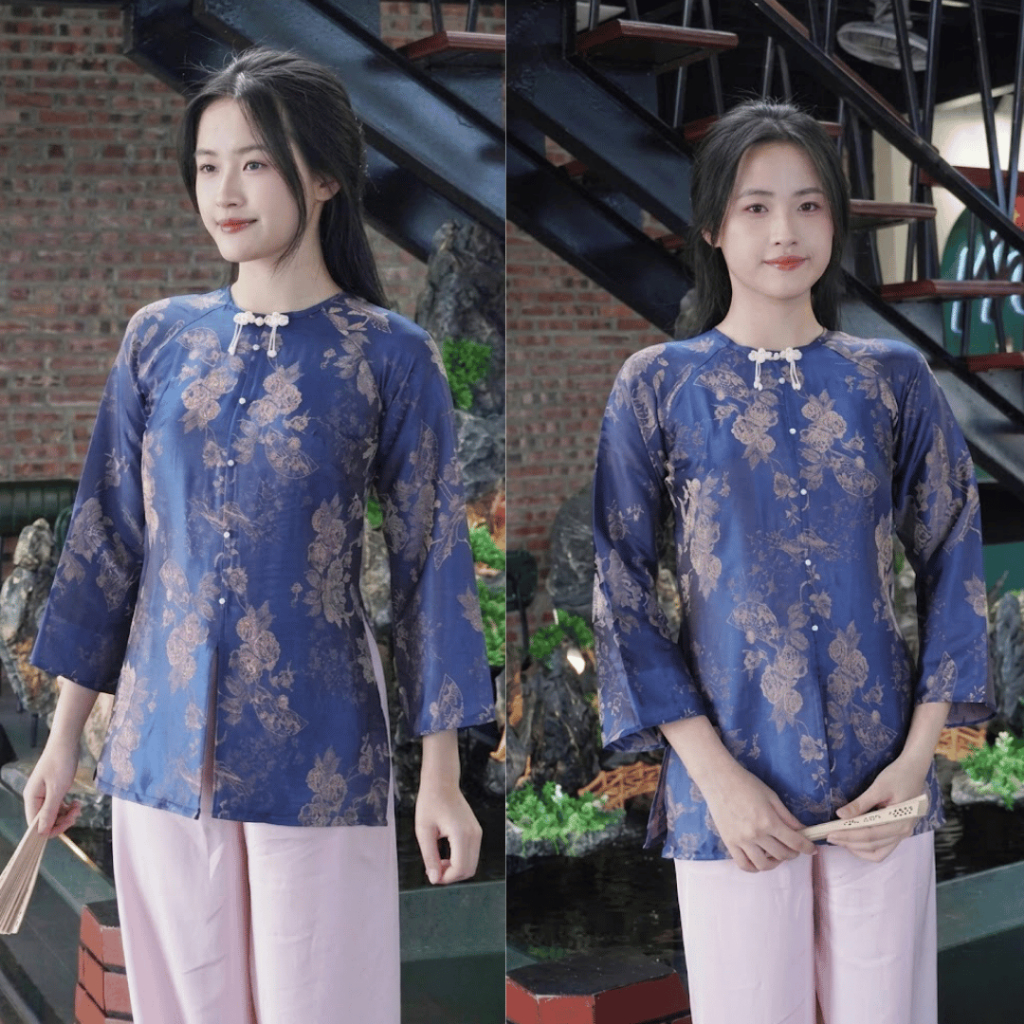 Bộ Đồ Lam Đi Lễ Chùa Nữ LICHEE Chất Gấm Hoa Sang Trọng Họa Tiết Hoa Chìm Tròn Tay Lỡ Thời Trang