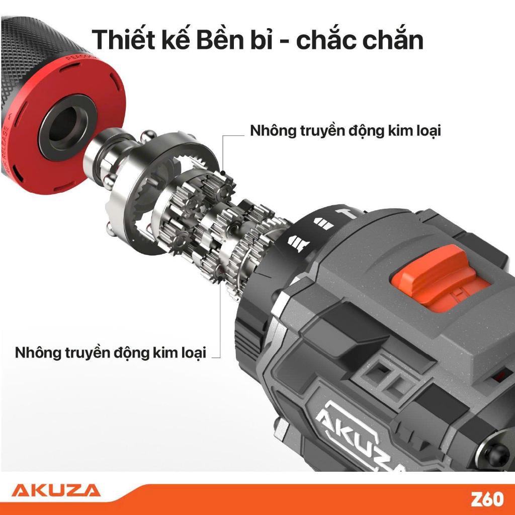 Máy Khoan Pin AKUZA Z60 Đầu Kẹp 10ly Autolock ,Lực Siết 60Nm ,Không Chổi Than ,BH 12 Tháng