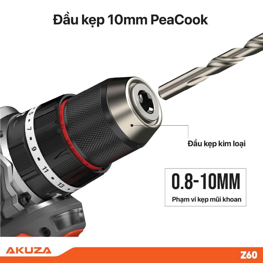 Máy Khoan Pin AKUZA Z60 Đầu Kẹp 10ly Autolock ,Lực Siết 60Nm ,Không Chổi Than ,BH 12 Tháng