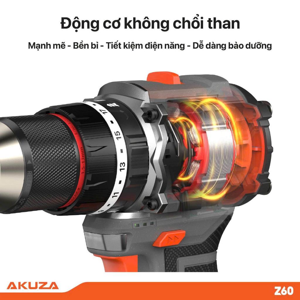 Máy Khoan Pin AKUZA Z60 Đầu Kẹp 10ly Autolock ,Lực Siết 60Nm ,Không Chổi Than ,BH 12 Tháng