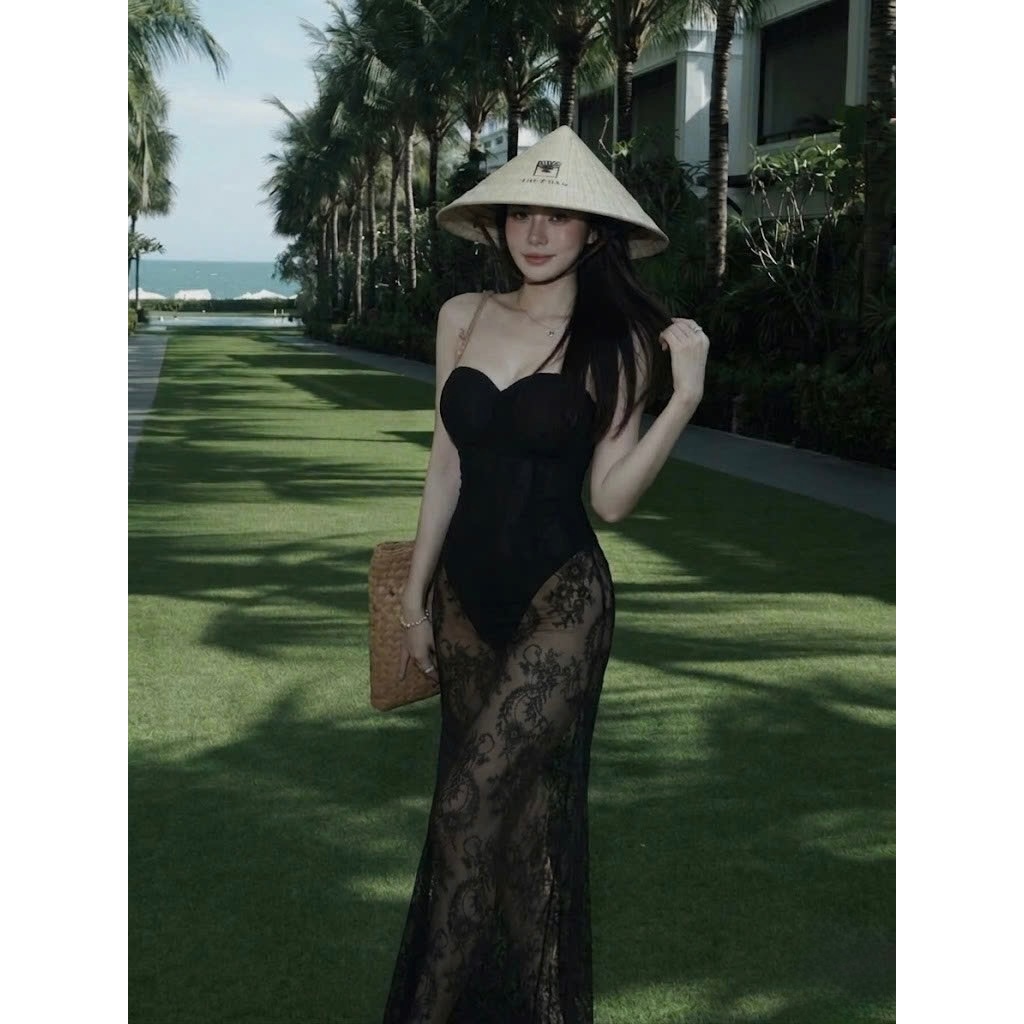 Set bikini maxi đi biển nữ cúp ngực phối ren quyến rũ sang chảnh váy lưới đi biển nữ thời trang hè