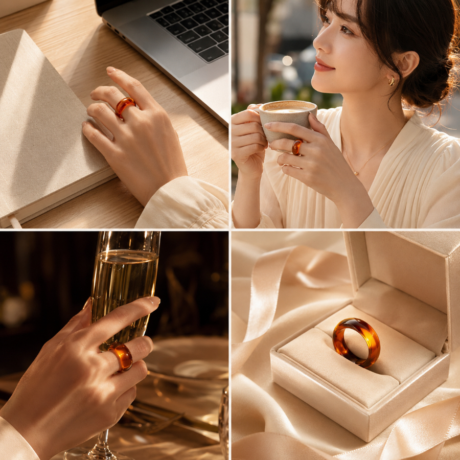 Nhẫn Đá Khối Chalcedony phong thủy Lộc Tụ Các Hổ Phách Chất Băng - Khởi quang tinh xảo thu hút năng lượng HP003