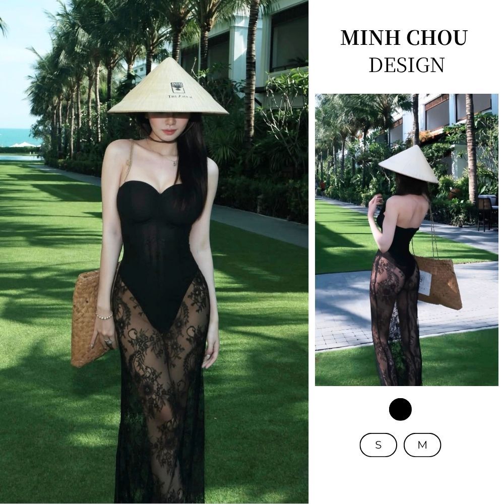 Set bikini maxi đi biển nữ cúp ngực phối ren quyến rũ sang chảnh váy lưới đi biển nữ thời trang hè