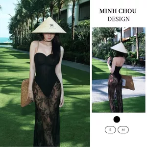 Set bikini maxi đi biển nữ cúp ngực phối ren quyến rũ sang chảnh váy lưới đi biển nữ thời trang hè