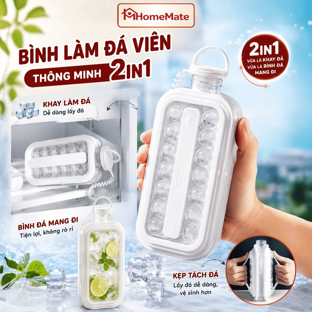 Bình Làm Đá Viên Thông Minh 2in1 HomeMate 1.2L – Khay Đá Silicon Dễ Lấy Đá, Bình Đựng Đá Có Tay Cầm Tiện Lợi
