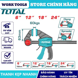 Thanh kẹp nhanh TOTAL, kẹp cố định, lực mạnh chống trượt, thao tác một tay, dùng cho mộc – DIY DNTT