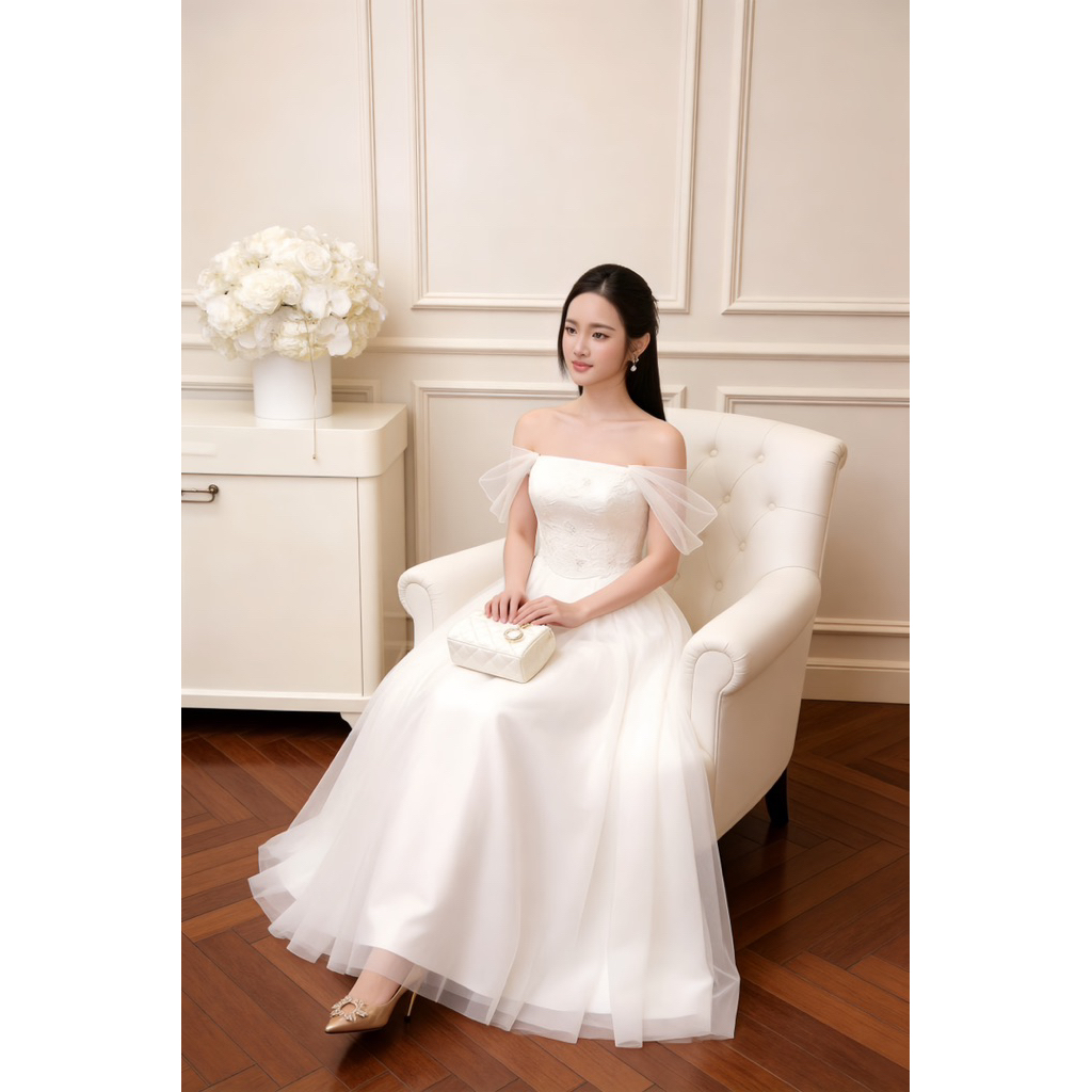 Đầm Váy Dự Tiệc LASY Thời Trang Nữ Dáng Dài Trễ Vai Đính Đá Phối Lưới Chuẩn Xòe Siêu Bồng Bềnh