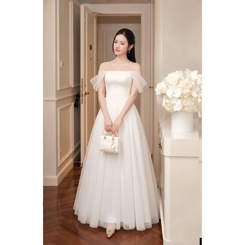 Đầm Váy Dự Tiệc LASY Thời Trang Nữ Dáng Dài Trễ Vai Đính Đá Phối Lưới Chuẩn Xòe Siêu Bồng Bềnh