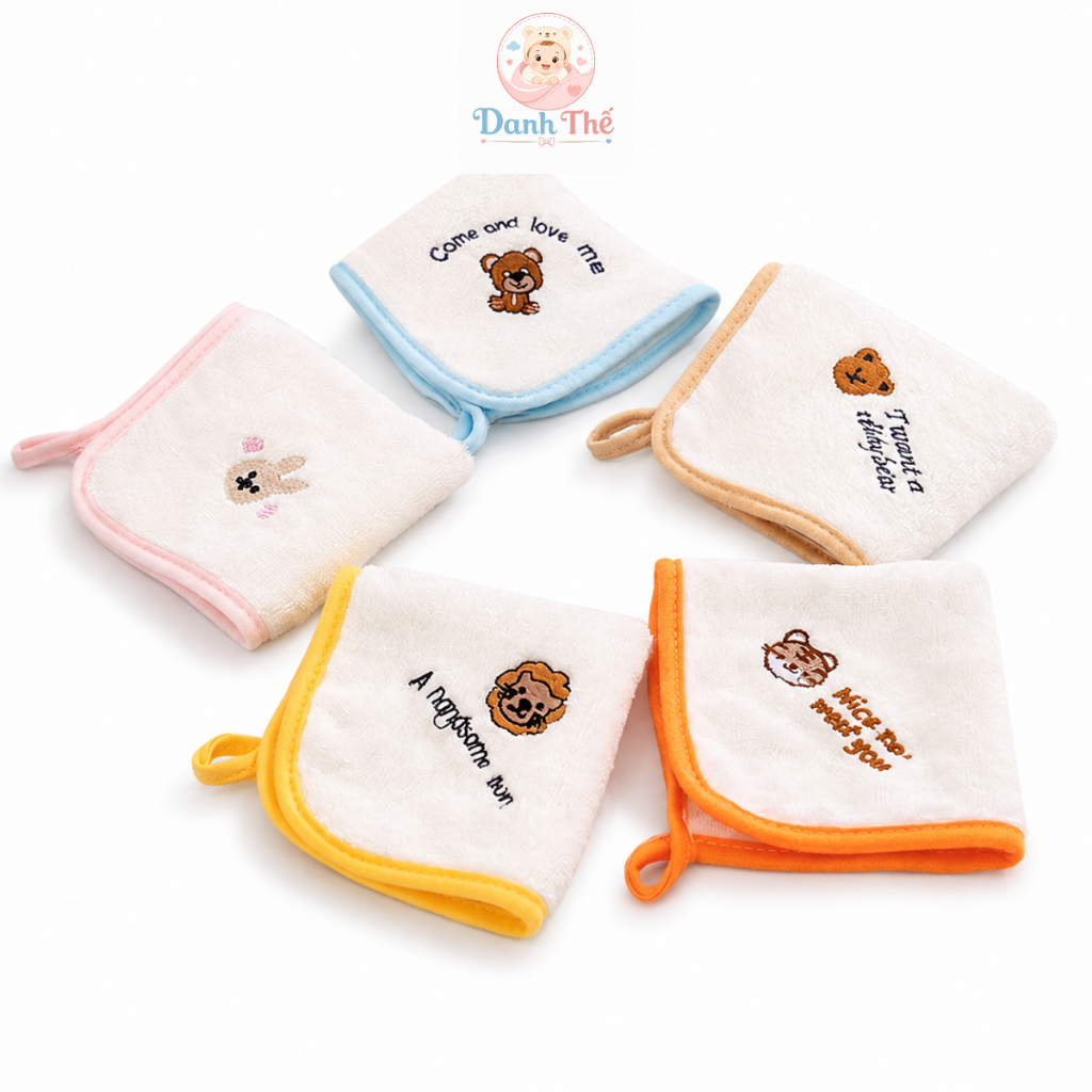 Combo 5 Khăn Mặt Cho Bé 25 x 25cm Chất Cotton Thấm Hút Mềm Mại , Khăn Mặt Cho Bé,Có Móc Treo
