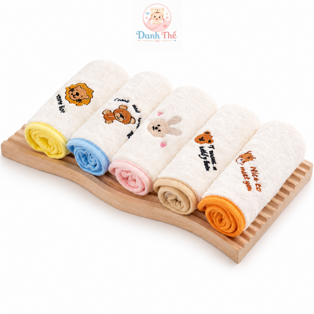 Combo 5 Khăn Mặt Cho Bé 25 x 25cm Chất Cotton Thấm Hút Mềm Mại , Khăn Mặt Cho Bé,Có Móc Treo