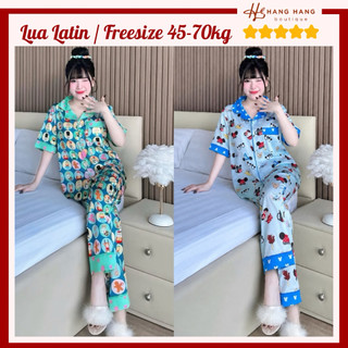 Đồ ngủ nữ bigsize 45-70kg, pijama dài cộc chạy viền kèm cột tóc lụa latin mịn mát 70CD01, đồ bộ nữ đồ mặc nhà dễ thương