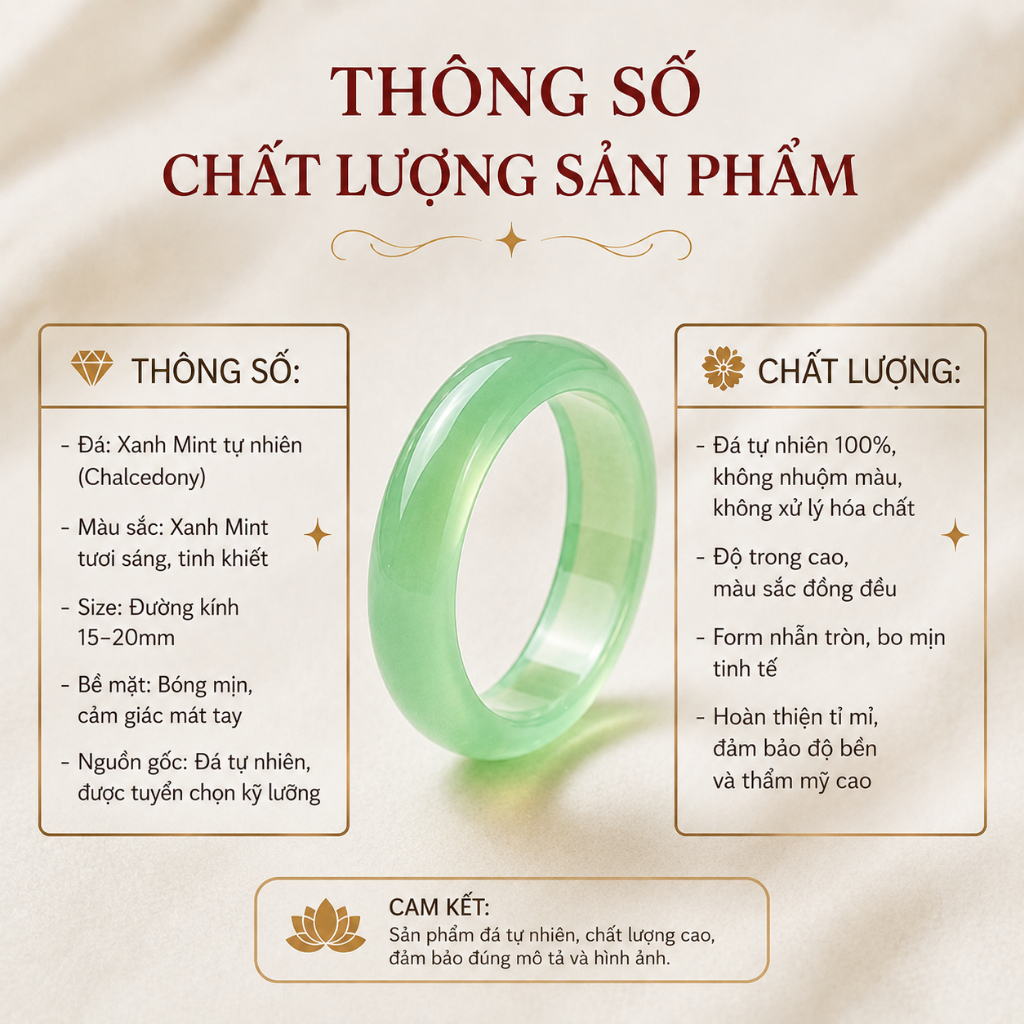 Nhẫn Đá Khổi Gems Chalcedony màu Xanh Mint Chất Băng - Khởi Quang tinh xảo thu hút năng lượng XM002