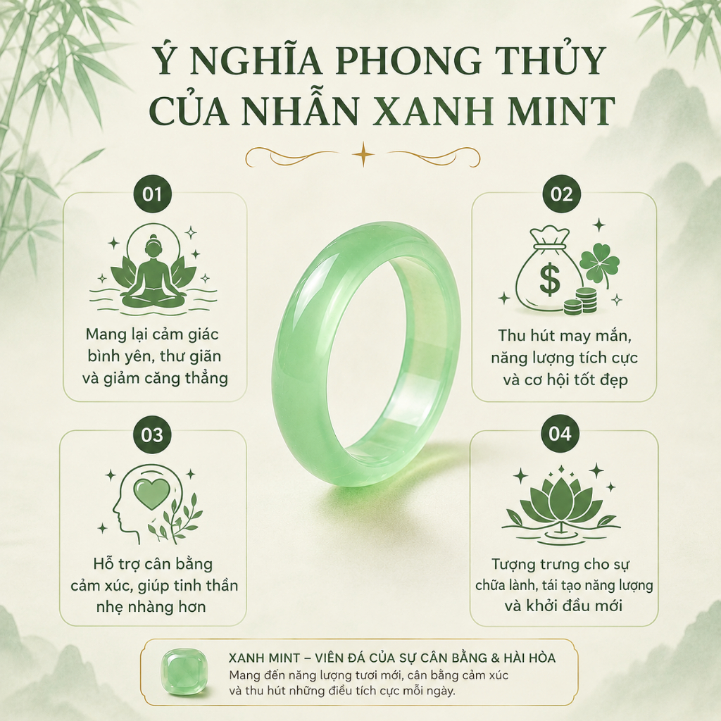 Nhẫn Đá Khổi Gems Chalcedony màu Xanh Mint Chất Băng - Khởi Quang tinh xảo thu hút năng lượng XM002