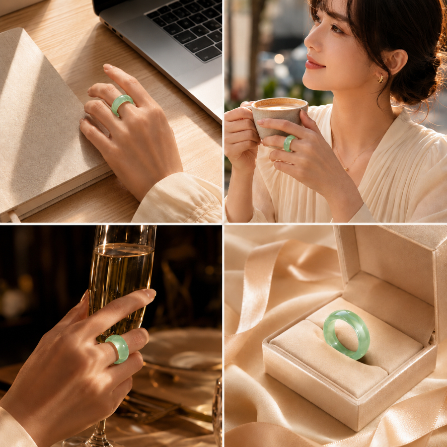 Nhẫn Đá Khổi Gems Chalcedony màu Xanh Mint Chất Băng - Khởi Quang tinh xảo thu hút năng lượng XM002