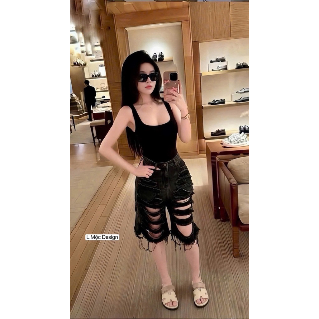 Sét ngố jean rách áo ba lỗ  body suit