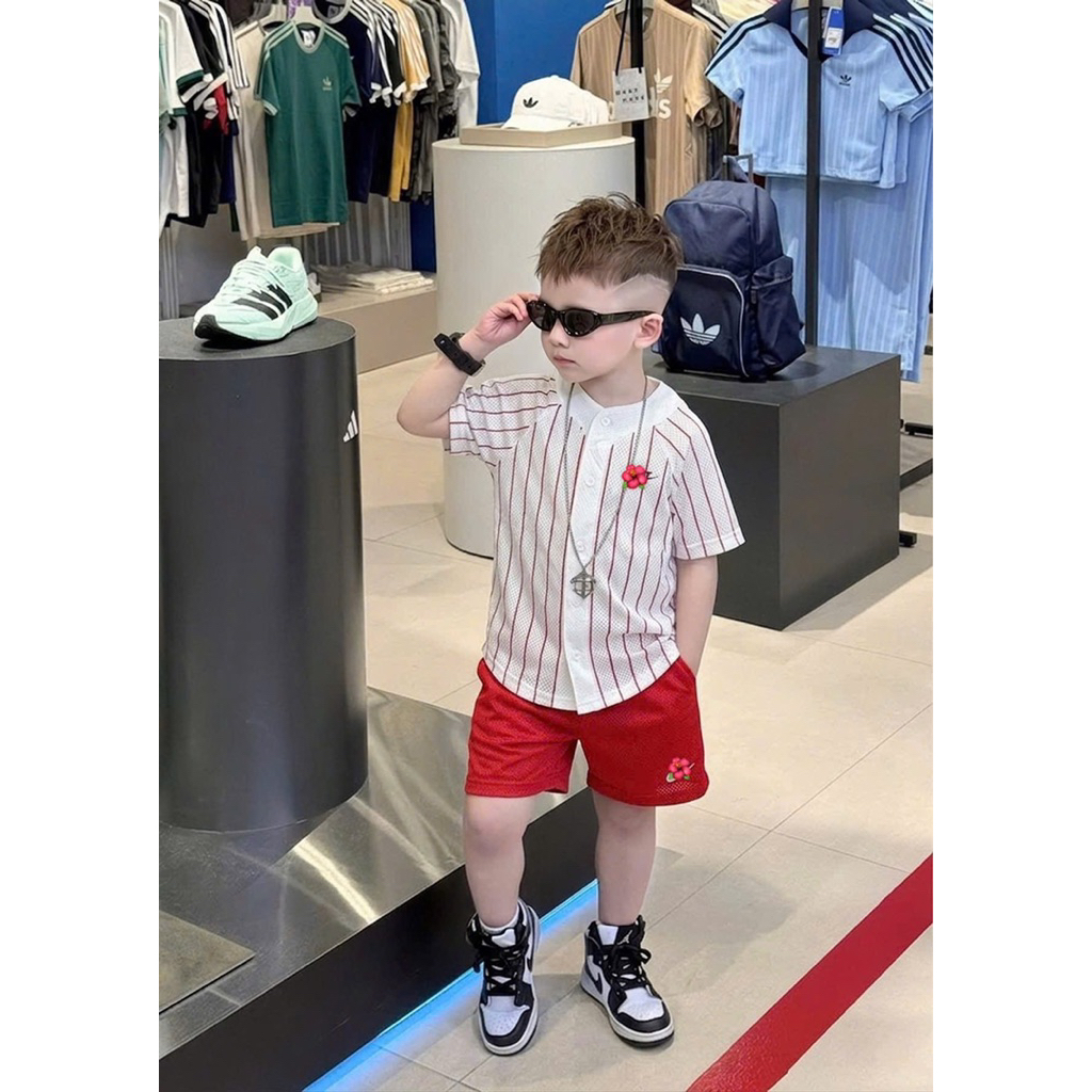Bộ quần áo hè cho bé trai màu đỏ siêu đẹp in lô gô thể thao-Bộ quần áo ngắn tay cho bé trai hàng cao cấp
