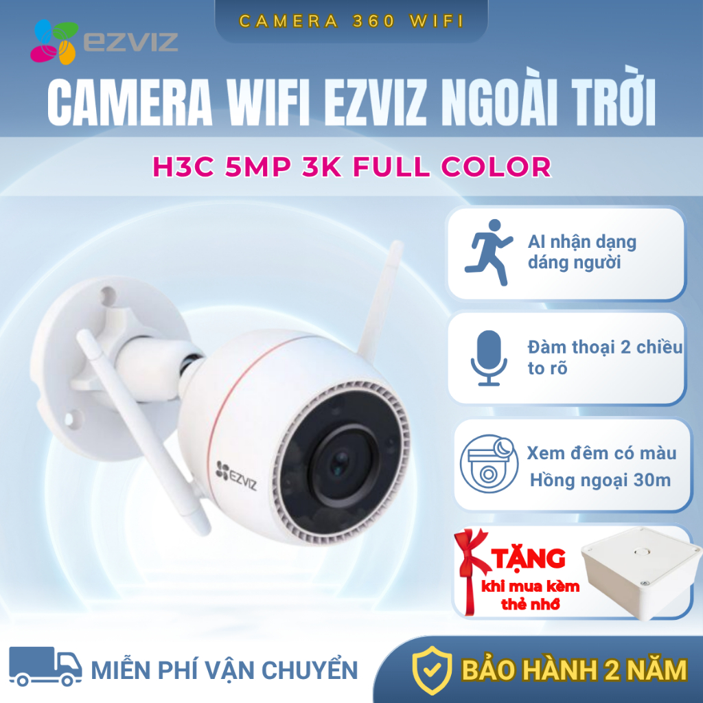 Camera Wifi Ezviz H3C 5MP 3K Full Color, Đàm Thoại 2 Chiều, Cảnh Báo Bằng Còi Và Đèn,Chống Nước IP67
