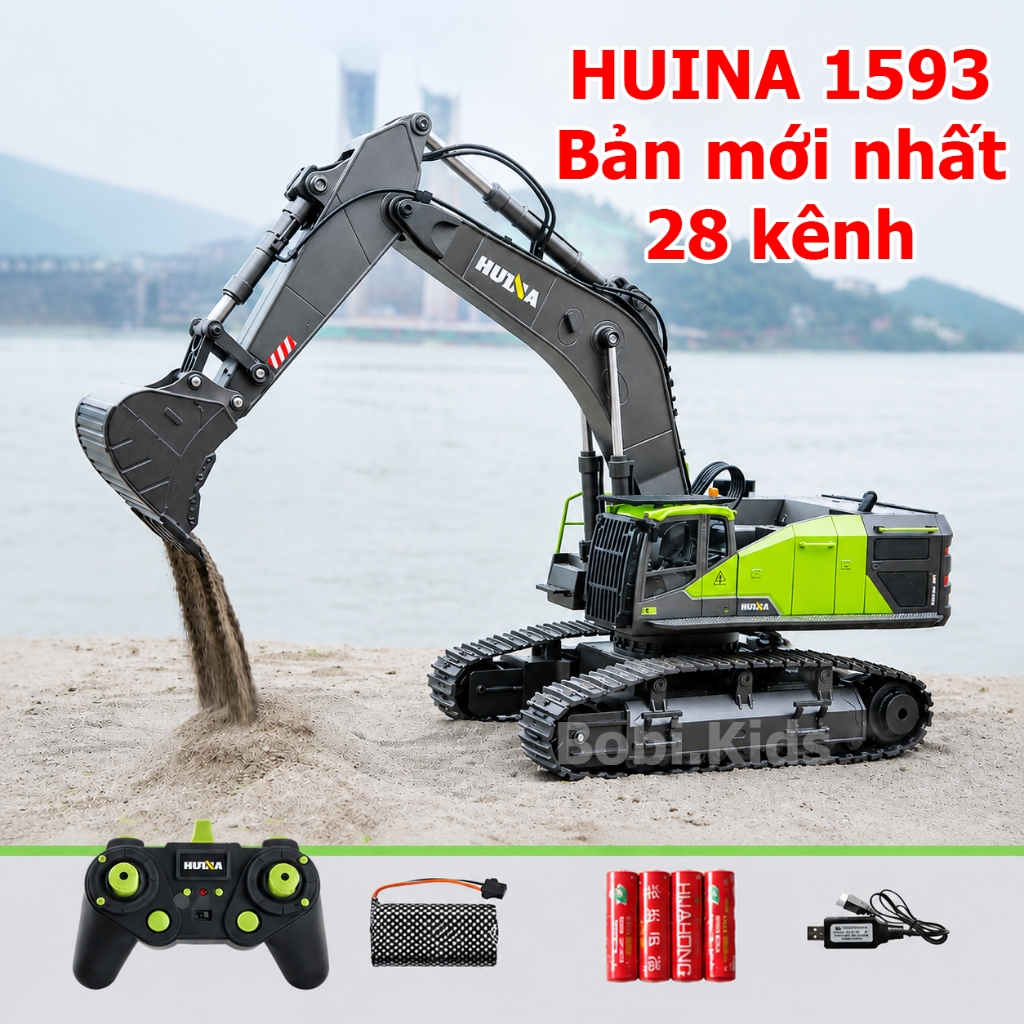 Đồ chơi máy xúc điều khiển từ xa HUINA 1593 phiên bản mới 28 kênh điều khiển cao cấp cỡ lớn giá rẻ, đồ chơi điều khiển