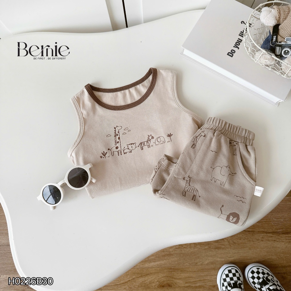 Bộ ba lỗ in tràn động vật tông nâu be siêu xinh cho bé, set thun ba lỗ mềm mát bé trai