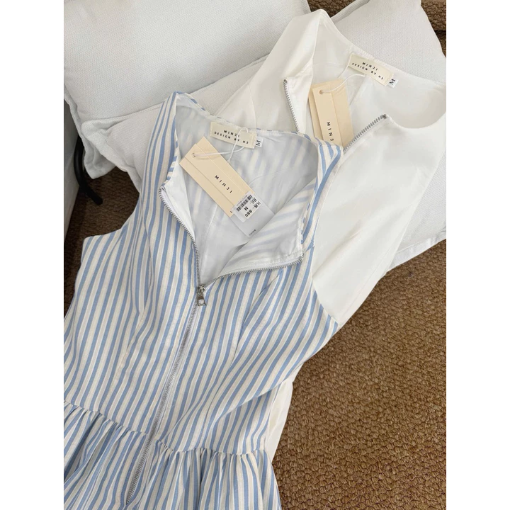 Đầm Maxi Sọc Xanh Khoá Zip Cổ Yếm, Váy Nữ Dài Thanh Lịch - Váy nữ đi chơi, đi tiệc, du lịch