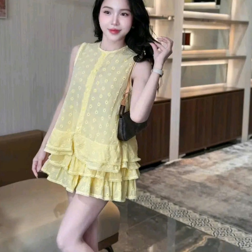 SET ÁO BABYDOLL THÊU HOA PHỐI CHÂN VÁY TẦNG MÀU VÀNG BƠ NGỌT NGÀO | STYLE TIỂU THƯ HÀN QUỐC | BY CHAMIE STORE